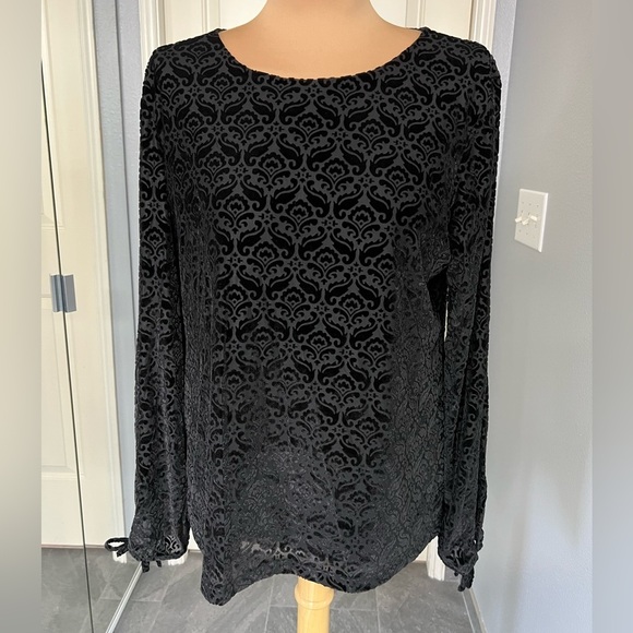 Talbots Black Velvet Burnout Damask Tie Sleeve Witchy Whimsigoth Top - Picture 1 of 7